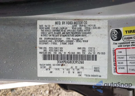 2012 Ford Fusion Sel из США, поврежденный, VIN 3FAHP0JG8CR395260